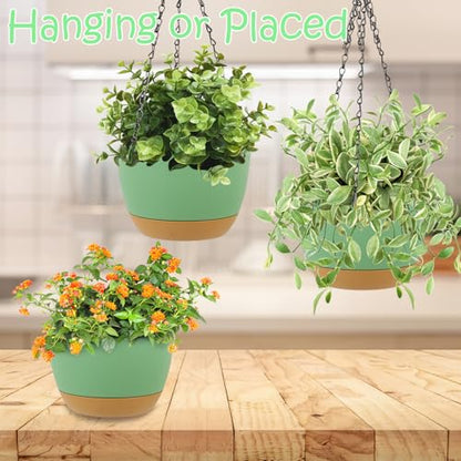 LIYDE 3 Pack Hanging Planters, 8 Inch Small Hanging Pots Self Watering Hanging Planters for Indoor Plants with Drainage Holes and Removable Tray Hanging Basket (Green) - color: Green