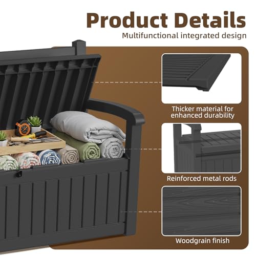 EasyUp 100 Gallon Wood-Grain Storage Bench, Waterproof & Lockable，Black - color: Black, size: 100 Gallon