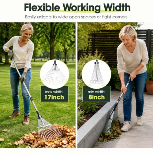 Rake for Leaves 18 Teeth, 8-17" Adjustable Width Metal Rake - size: 8"-17" Wide, 34"-66" Long