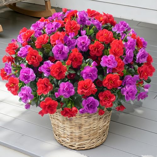Artificial Fake Outdoor Flowers Plants, Faux Silk Camellia Bundles UV Resistant No Fade Realistic for Planter Pot Outside Porch Patio Balcony Garden Yard Home Decor, 3 Large Bundles (Red + Fuchsia) - color: Red +Fuchsia