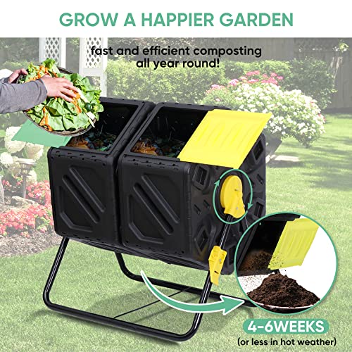 F2C Dual Chamber 37 Gallon Compost Tumbler All-Season Outdoor BPA Free Large Composter Bin w/ 2 Sliding Doors and Solid Steel Frame - size: 37 Gallon