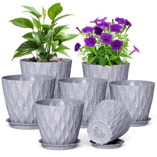 Meowell 7/6.5/6/5.5/5/4.5/4 inch Plant Pots for Indoor Outdoor Plants, 7 Pack Thick Flower Pots with Drainage Holes and Saucers, Modern Wave Texture Plastic Planters Nursery Pots, Speckled Grey - color: Grey With White Speckles, size: 7+6.5+6+5.5+5+4.5+4