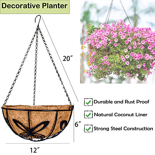 Metal Hanging Planter Flower Basket with Coco Liner for Plants Outdoor Garden Decoration Porch Decor Watering Pot Indoor - Butterfly Pattern, 12 Inch, 2 Pack