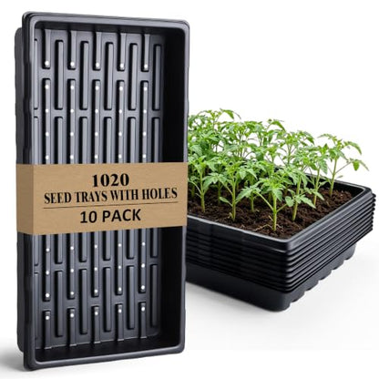 10-Pack Heavy-Duty 1020 Seed Trays with Drain Holes, Reusable Plant Flats - color: Black, size: 10-Pack With-Hole 1020 Trays