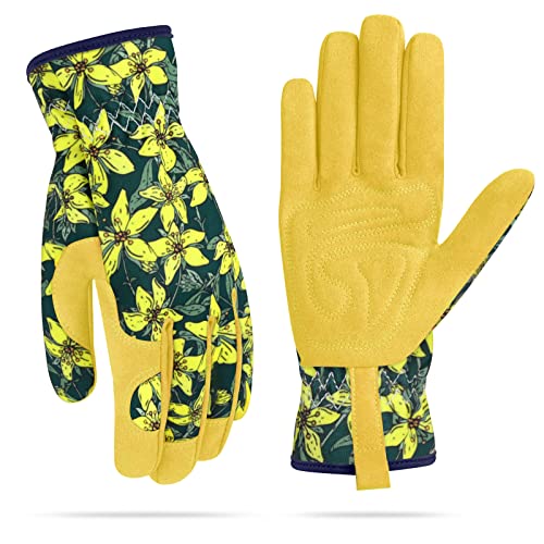 Womens Gardening Weeding Working Gloves, Leather Garden Glove for Women Thorn Proof No Stab for Digging, Planting,Pruning - color: Blackish Green-large
