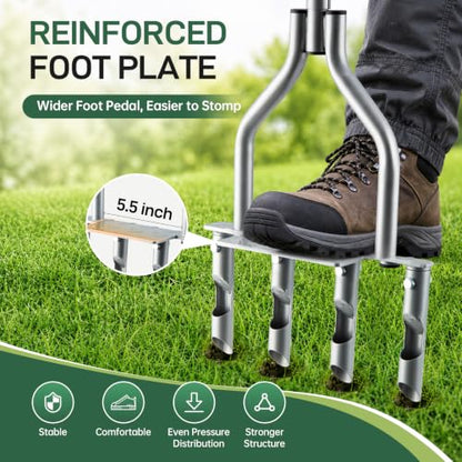 Manual Lawn Aerator with 4 Hollow Tines, Core Plug Design, Sturdy Footrest, Pre-Assembled – Heavy Duty Tool for Loosening Compacted Soil, Yard Aeration & a Thriving Lawn