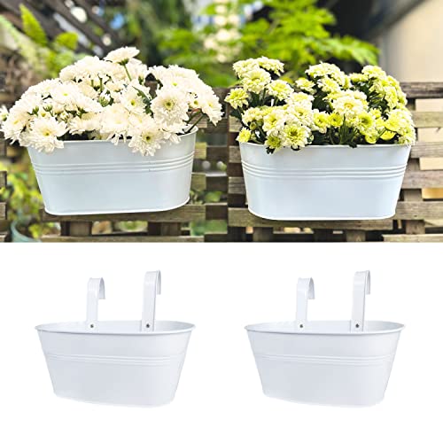 LaLaGreen Rail Planter (9.8 in, 2 Pack) White Metal Fence Deck Buckets - size: 9.8" (25 cm) x 2 Pack