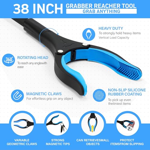 38" Extra Long Grabber Reacher Tool – 2 Pack Foldable Reacher Grabber Pickup Tools with 360° Rotating Jaw & Magnet - Heavy Duty Pick Up Grabbers for Seniors, Trash, Surgery Recovery (Blue Blue) - color: Blue Blue