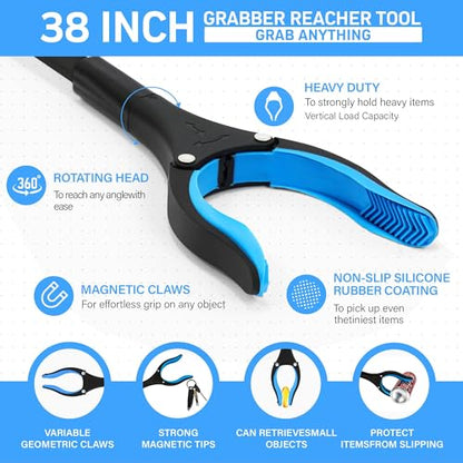 38" Extra Long Grabber Reacher Tool – 2 Pack Foldable Reacher Grabber Pickup Tools with 360° Rotating Jaw & Magnet - Heavy Duty Pick Up Grabbers for Seniors, Trash, Surgery Recovery (Blue Blue) - color: Blue Blue