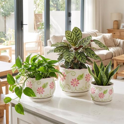 Pink Ceramic Flower Pots, 4+5.2+6.6 Inch Small Plant Pots for Indoor Plant - color: White99-hp
