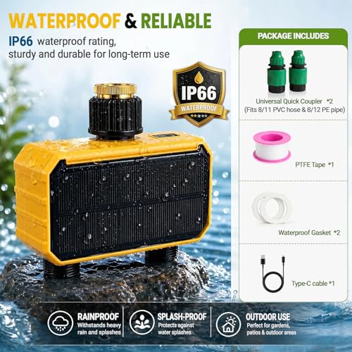 Sprinkler Timer, Solar WiFi Water Timer for Garden Hose, 2 Zone Water Sprinkler with Rain Sensor and Manual Mode via APP/Voice Control, Automatic Irrigation Control System for Lawns, Yard and Pool