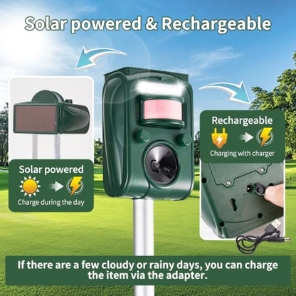 Adjustable-Mode Solar Ultrasonic Animal Repellent, Squirrel Deer Cat Raccoon Repellent Device, Outdoor Waterproof Motion Detection Animal Deterrent, Rabbit Dog Deterrent for Yard, 1P Dark Green