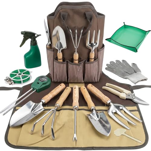 14 PCS Garden Tool Set with Soil Moisture Meter, Stainless Stell Heavy Duty Gardening Hand Tools with Wood Handle, Tote Bag, Repotting Mat, Gardening Tool Set Ideal Gift for Women and Men