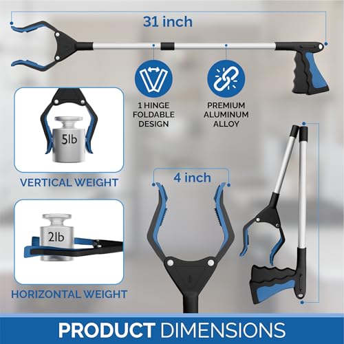 FitPlus 2024 Upgrade PowerGrip T9, Grabber Reacher Tool, Wide Jaw, Foldable, Steel Cable, with 96 Grip Points for Firm Grip, 32" with Magnet (Black, 32 Inch) - color: Black