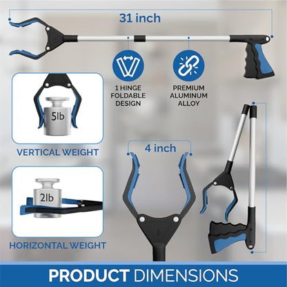 FitPlus 2024 Upgrade PowerGrip T9, Grabber Reacher Tool, Wide Jaw, Foldable, Steel Cable, with 96 Grip Points for Firm Grip, 32" with Magnet (Black, 32 Inch) - color: Black