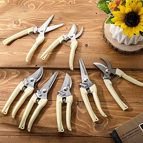 Therwen 12 Pcs Garden Shears Flower Scissors Pruning Shears Floral Garden Clippers Hand Pruners Branch Cutter Gardening Tools for Plants Cutting, Trimming, Fruits Picking (Beige,Bypass, Straight) - style: Beige, Bypass, Straight