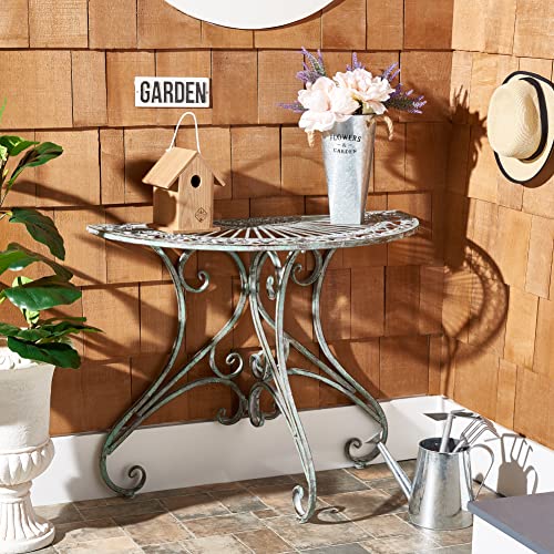 SAFAVIEH Outdoor - Annalise Half-Moon Accent Table - Antique Dark Green Iron Metal - Vintage Baroque Scrollwork - Ideal for Patio, Deck, Porch, Garden, 35.5" W x 18.5" D x 29" H (PAT5008D) - color: Antique Dark Green