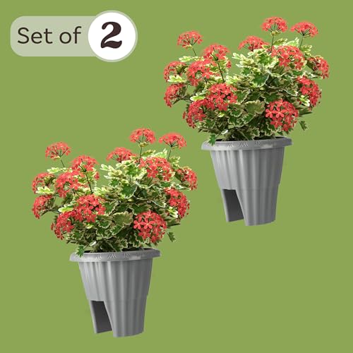 Railing Planter Box 2-Pack - 13.5-Inch Round Outdoor Flower Pots with Drainage Inserts - 2.64-Gallon Outdoor Planters for Porch, Deck, Fence, or Balcony Railings 3” - 3.75” Wide by Pure Garden (Gray)