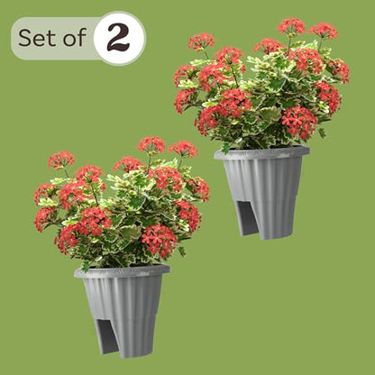 Railing Planter Box 2-Pack - 13.5-Inch Round Outdoor Flower Pots with Drainage Inserts - 2.64-Gallon Outdoor Planters for Porch, Deck, Fence, or Balcony Railings 3” - 3.75” Wide by Pure Garden (Gray)