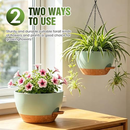 10 Inch Self-Watering Hanging Planters Set of 3 with Saucers - color: Green Brown, size: 10 Inch 3 Pack