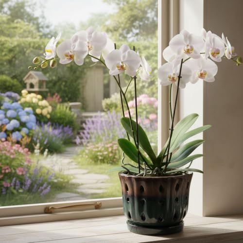 Ceramic Orchid Pot 6'' Orchid Planter (Brown Over Turquoise) - color: Brown Over Turquoise