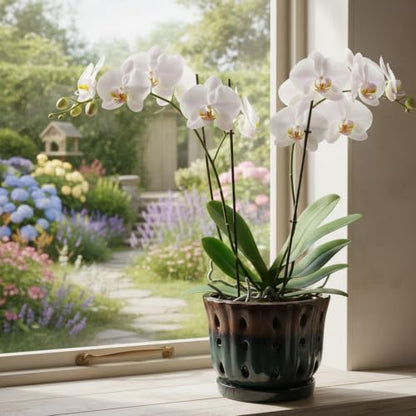 Ceramic Orchid Pot 6'' Orchid Planter (Brown Over Turquoise) - color: Brown Over Turquoise