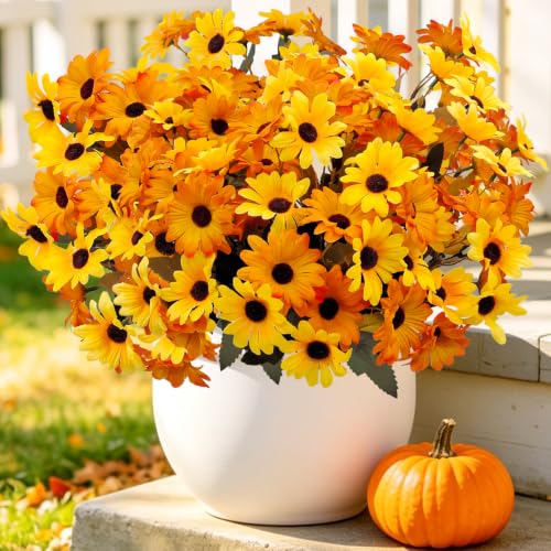 8 Bundles Yellow Flowers Artificial Black Eyed Susans Mums for Outdoors - color: Yellow and Orange