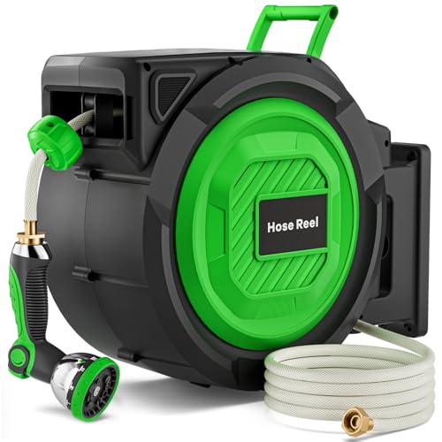 Retractable Garden Hose Reel, 1/2 in x 150 ft Heavy Duty Wall-Mounted Hose Reel with 180° Swivel Bracket, 10-Pattern Nozzle, Automatic Slow Rewind System, Any Length Lock for outside Watering,Cleaning