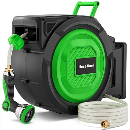 Retractable Garden Hose Reel, 1/2 in x 150 ft Heavy Duty Wall-Mounted Hose Reel with 180° Swivel Bracket, 10-Pattern Nozzle, Automatic Slow Rewind System, Any Length Lock for outside Watering,Cleaning
