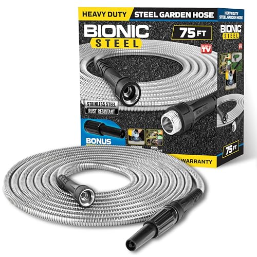 BIONIC STEEL 75 Ft Garden Hose 304 Stainless Steel, 75 Ft Water Hose, Super Tough & Flexible Metal Hose, Lightweight, Crush Resistant Fittings, Kink & Tangle Free, Rust Proof, Easy to Use & Store - size: 75'