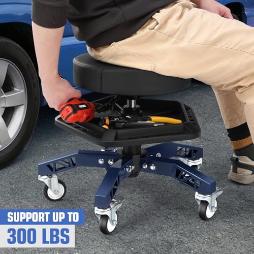 DNA Motoring Rolling Shop Stool, Adjustable Height Padded Rolling Seat, Pneumatic Roller Mechanic Stool for Garages, w/Tool Storage Tray, 300lbs Capacity, TOOLS-00636-BK-BL - style: Blue Tray Model