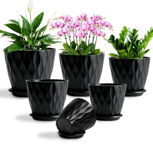 Plant Pots, Self Watering Planters with Drainage Holes and Trays, Flower Pots for Indoor Outdoor - 6 Pack(4/5/6/6.5/7/8 Inch) (Black)