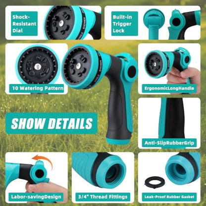 Garden Hose Nozzle Sprayer - 10 Spray Patterns, THUMB CONTROL On Off Valve Heavy Duty Hose Sprayer Nozzle for Watering Plants & Lawns, Washing Cars & Pets - Outdoor Water Hose Nozzle Head Attachment