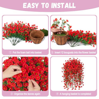 Artificial Flowers with Hanging Basket, Outdoor Faux Plants UV Resistant - color: Red