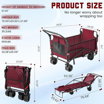 LEVELEVE Heavy Duty Folding Wagon - 2-in-1 Collapsible Cart, All-Terrain Wheels w/Brakes & Side Pockets (Red, 650lb Capacity) - color: Red, size: Large