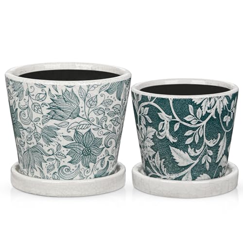 Set of 2 Ceramic Blue and White Plant Pots with Drainage Hole and Saucers, Vintage Farmhouse Accent Planters for Indoor Plants, Round Flower Pots Rustic Succulent Pot Terracotta Tubs 5.7/4.7 Inch - color: Teal Green