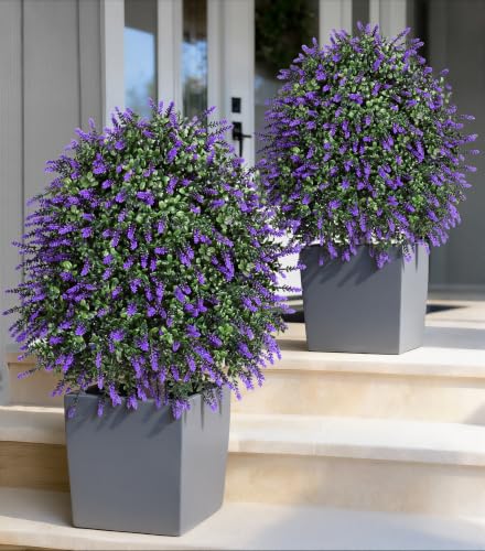 HyeFlora 26'' Artificial Boxwood Topiary Trees with Lavender 2 Pack Fake Plants for Outdoor Indoor Artificial Shrubs with Metal Ground Spike UV Resistant Fake Bushes for Front Porch Garden, Purple - color: Tree Shaped-purple