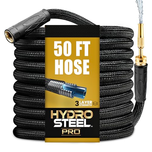 Hydrosteel PRO 50 Ft Heavy Duty Metal Garden Hose with Brass Nozzle