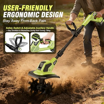 Cordless Tiller Cultivator, 21V Lightweight Tiller for Gardening with 2 * Batteries, Brushless Electric Tiller with 48 Steel Tines, 400RPM, 9.5" Tilling Width, 7" Depth for Gardening, Soil Turning