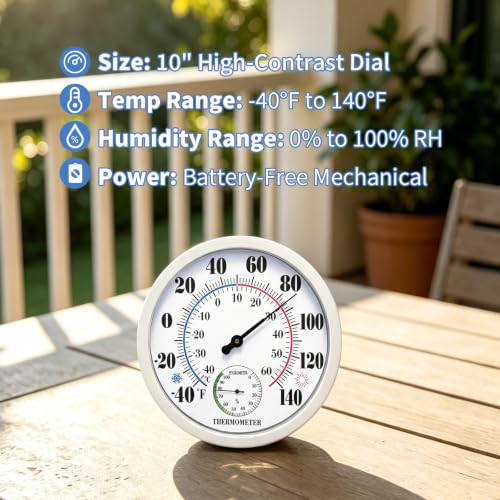 10" Indoor Outdoor Thermometer Hygrometer, Weatherproof Gauge (White) - color: White