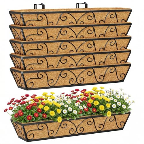 Y&M 30 Inch Window Deck with Coco Liner, Fence Metal Hanging Flower Planter Window Basket Deck Railing Planter Boxes for Outdoor Garden Lawn-Butterfly, 6pcs - size: Butterfly 30in 6p