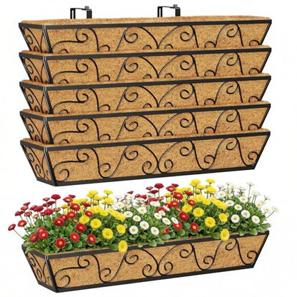 Y&M 30 Inch Window Deck with Coco Liner, Fence Metal Hanging Flower Planter Window Basket Deck Railing Planter Boxes for Outdoor Garden Lawn-Butterfly, 6pcs - size: Butterfly 30in 6p