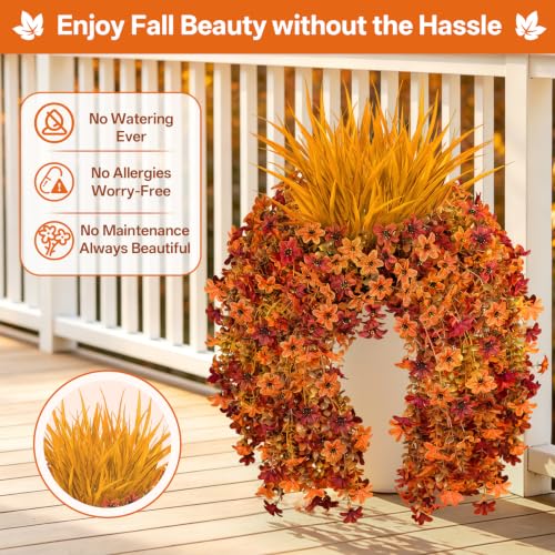 7PCS Artificial Fall Hanging Flowers for Outdoor, Six-Petaled Faux Mums - color: Orange