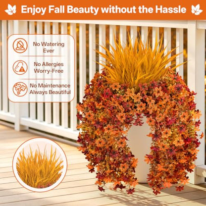 7PCS Artificial Fall Hanging Flowers for Outdoor, Six-Petaled Faux Mums - color: Orange