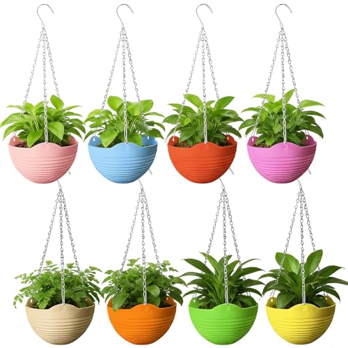 Srmayyi 8 Pack 8 Inch Plastic Self Watering Hanging Planters,Colorful Hanging Basket Planter with Drainer and Metal Chain,Garden Flower Plant Pot Container for Indoor Outdoor Plants,8 Colors - size: 8 pcs colorful
