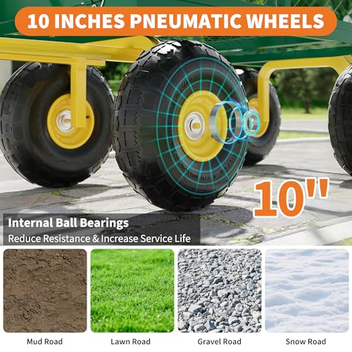 900 Lbs Heavy Duty Steel Garden Cart for Yard, Lawn, Patio, Farm & Construction, 2-in-1 Utility Wagon with Removable Sides, 10" All-Terrain Wheels, Green Yellow
