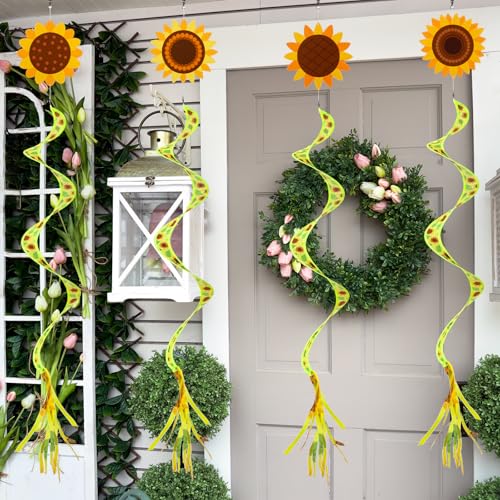 Beeveer 4 Pcs 57'' Sunflower Windsocks Summer Wind Socks for Outdoor Hanging Nylon Fabric Sunflower Leaf Spinners Leaf Streamers for Summer Decorations Windmill to Scare Birds Away - style: Sunflower