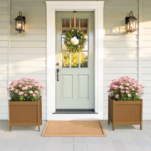 LUE BONA Outdoor Plant Pots Set of 2, 13.8" x 12.6" x 14.6" HDPS Flower Pots with Drainage Holes, Outdoor Planter Box for Outdoor Plants - Porch Patio, Garden or Entryway,Teak Color-Oil Printed - color: Teak Color-oil Printed