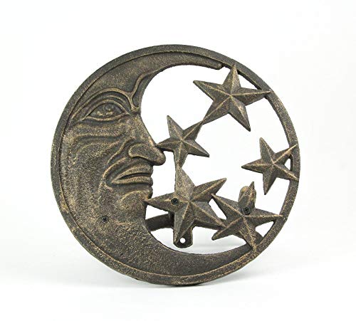 Zeckos Garden Hose Holder Moon Face Stars 12 Inch Cast Iron Bronze - color: Moon & Stars - Bronze