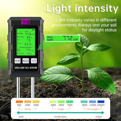 6-in-1 Soil Moisture Meter with Moisture/pH/Temperature/Sunlight/Air Humidity/Fertility, Soil Tester for Farming, Gardening and Outdoor Plants (2*AAA Battery Needed)| Factory-Permanent Calibration